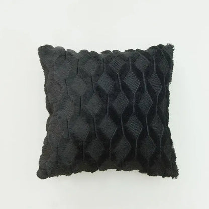 Black textured throw pillow with diamond solid embroidery and frayed edges for modern living room cushion cover