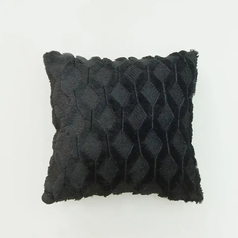 Black textured throw pillow with diamond solid embroidery and frayed edges for modern living room cushion cover