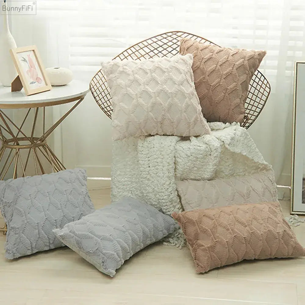 A cozy modern beige cushion cover with diamond solid embroidery in plush fabric for living room use