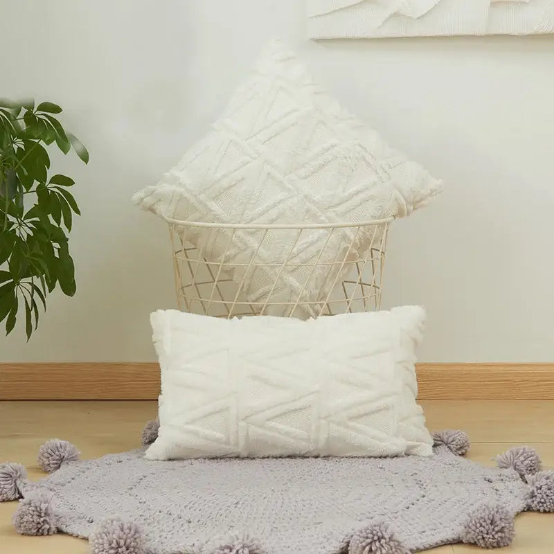 Cream-colored cushion cover with diamond solid embroidery displayed in a wire basket and on the floor for living room use