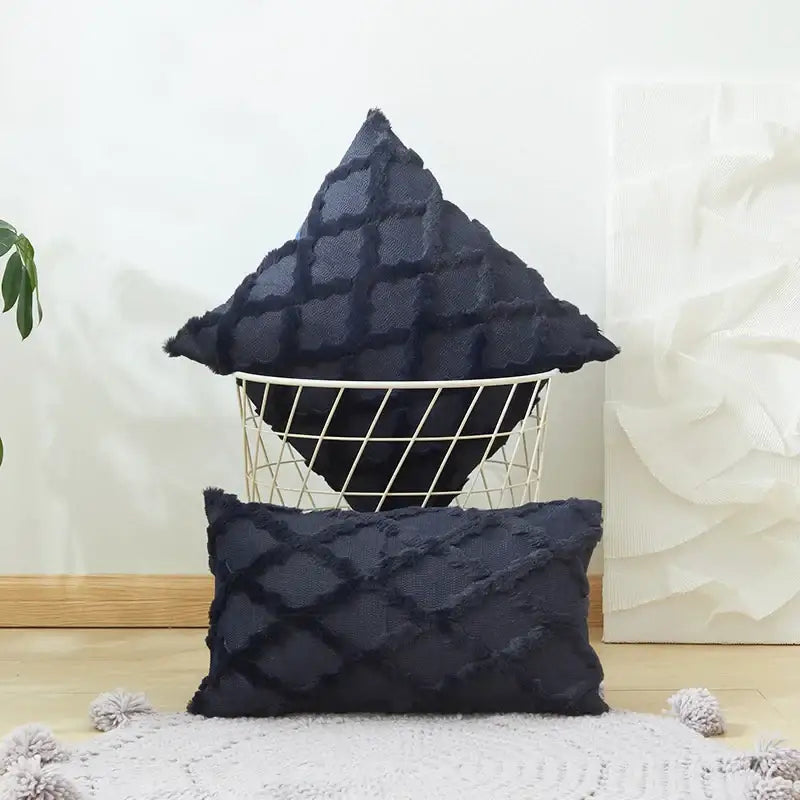 Dark navy blue textured throw pillows with diamond solid embroidery and frayed edges cushion cover for living room