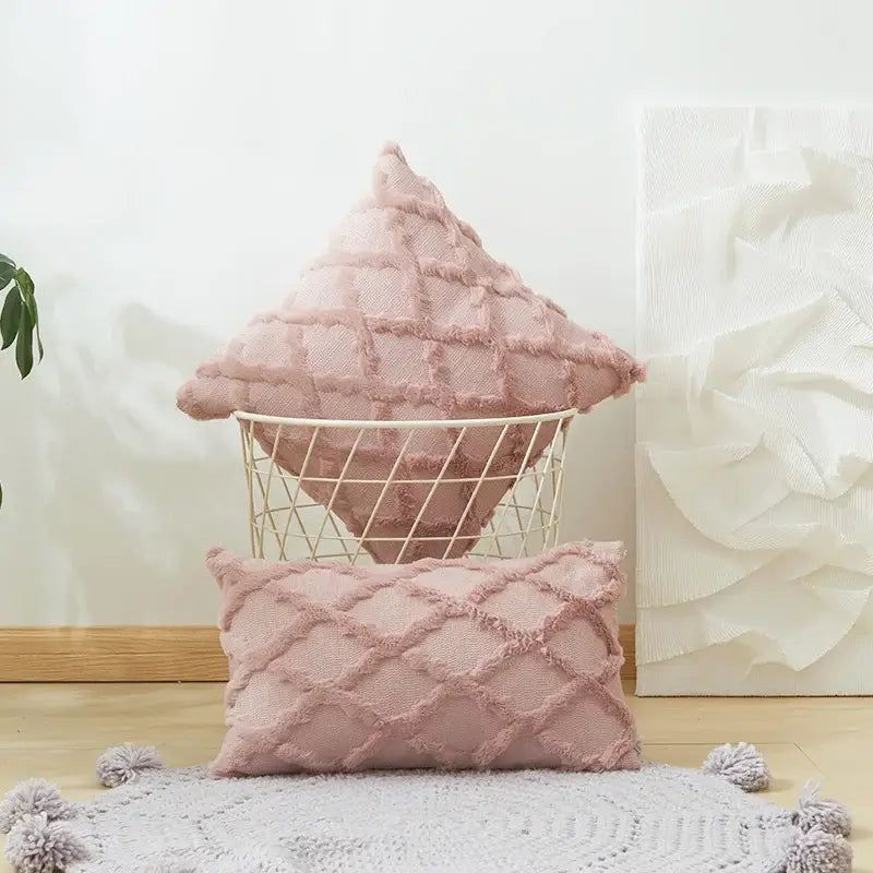 Soft pink cushion cover with diamond solid embroidery and fringed edges for modern living room decor