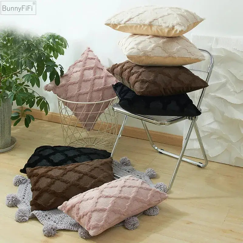 Stack of modern beige diamond solid embroidery cushion covers in soft pink beige brown and black for living room use