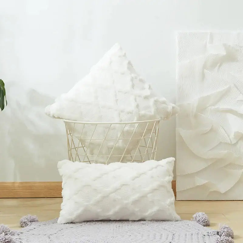 White textured throw pillows featuring a fluffy top and a beige modern cushion cover with diamond solid embroidery