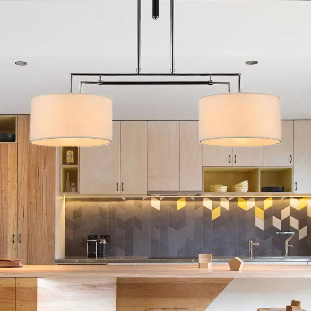 Modern beige drum island pendant hanging light kit with cylindrical fabric shades and black metal frames for kitchen 220v-240v 110v-120v