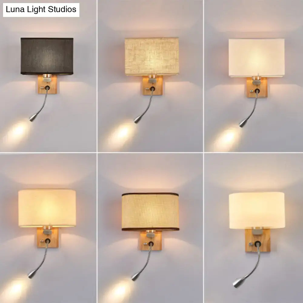 Modern beige fabric bedside reading lamp with wooden wall sconce and flexible gooseneck light 5 inch fixture
