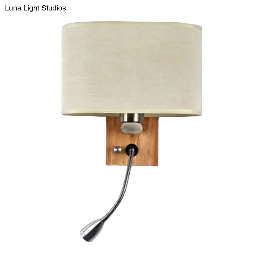 Modern beige fabric bedside reading lamp with flexible gooseneck mounted on wooden plate 5 inch fixture