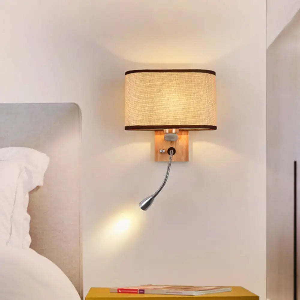 Modern beige fabric bedside reading lamp with woven fabric shade and adjustable silver gooseneck on 5 inch fixture