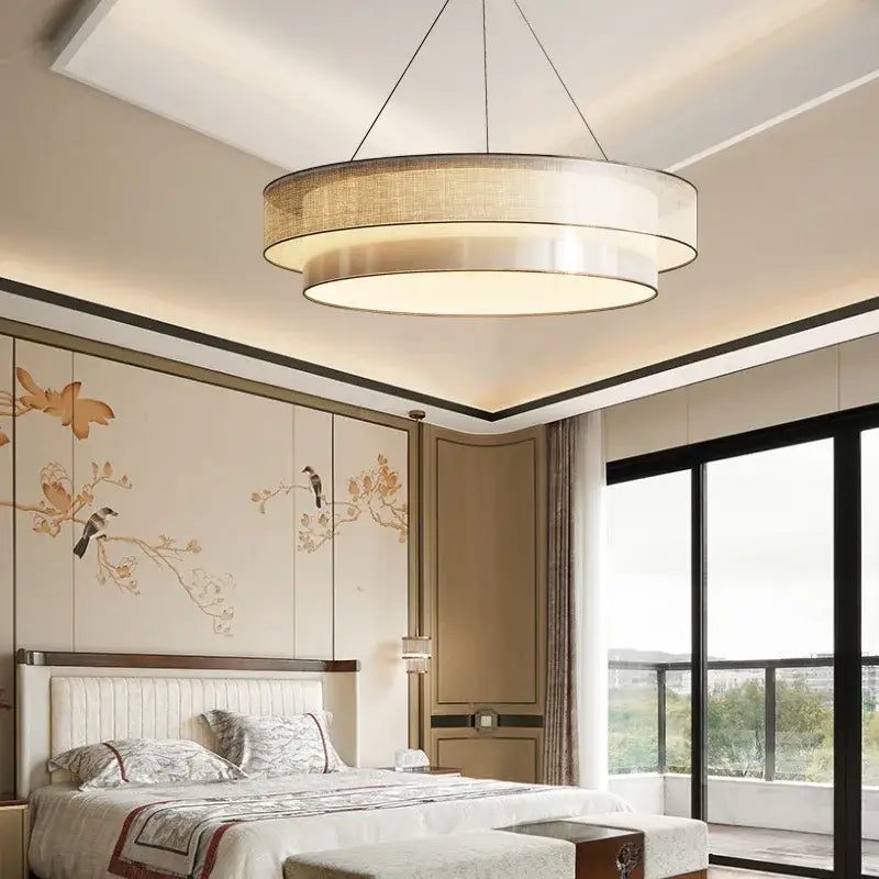 Modern beige fabric contemporary led round pendant light with layered translucent fabric and metallic rims for dining room decorbites contemporary led pendant light