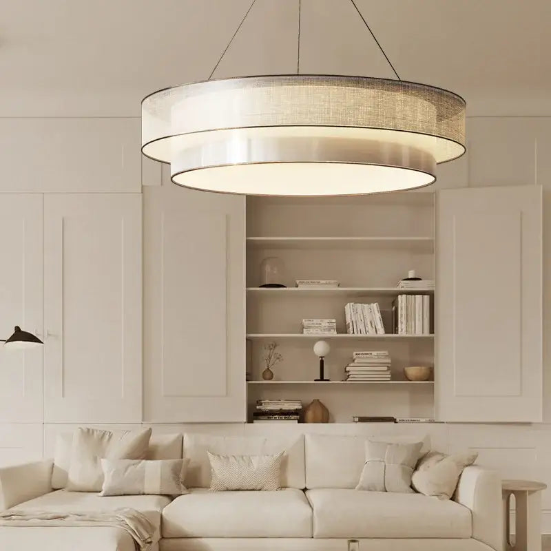 Modern beige fabric contemporary led round pendant light with metallic frame for dining room decorbites contemporary led