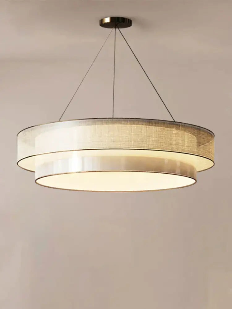 Modern beige fabric contemporary led round pendant light with double-tiered linen shades and metallic rims for dining room decorbites contemporary led pendant light