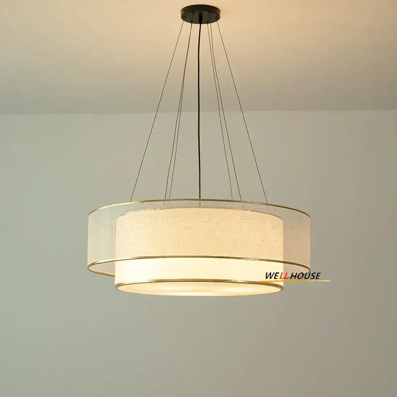 Modern beige fabric contemporary led round pendant light with cream linen shades and gold metal frame for dining room decorbites contemporary led