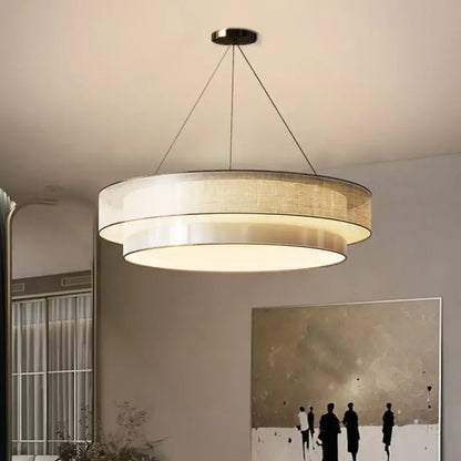 Modern beige fabric contemporary led round pendant light with warm diffused glow for dining room decorbites contemporary led