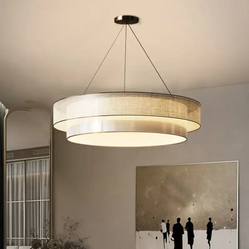Modern beige fabric contemporary led round pendant light with warm diffused glow for dining room decorbites contemporary led