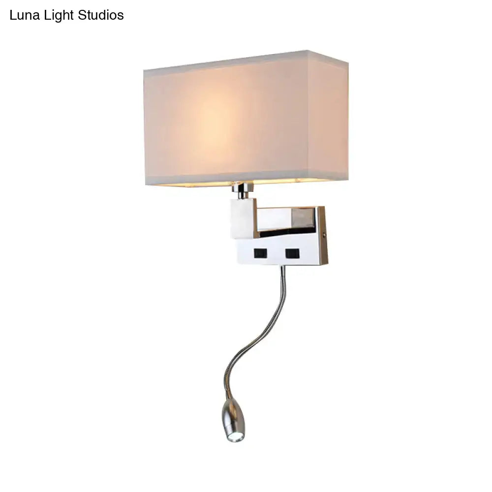 Modern beige fabric led wall sconce with rectangular shade chrome base and flexible gooseneck spotlight for bedroom