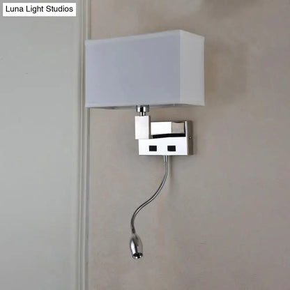 Modern beige fabric led wall sconce with white rectangular shade and chrome adjustable gooseneck spotlight for bedroom