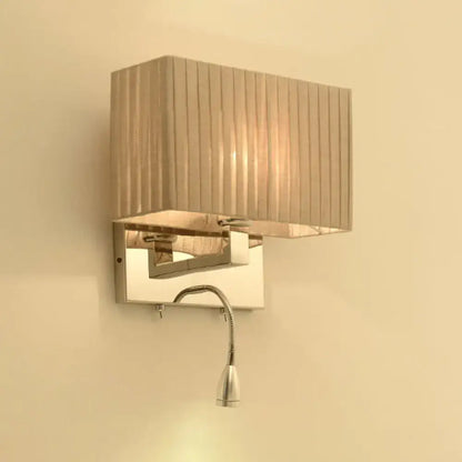 Modern beige fabric rectangle wired electric wall sconce with chrome frame and adjustable gooseneck direct wired light