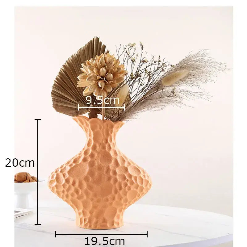 Modern beige frosted ceramic vase with terracotta honeycomb texture by decorbites for stylish living room decor