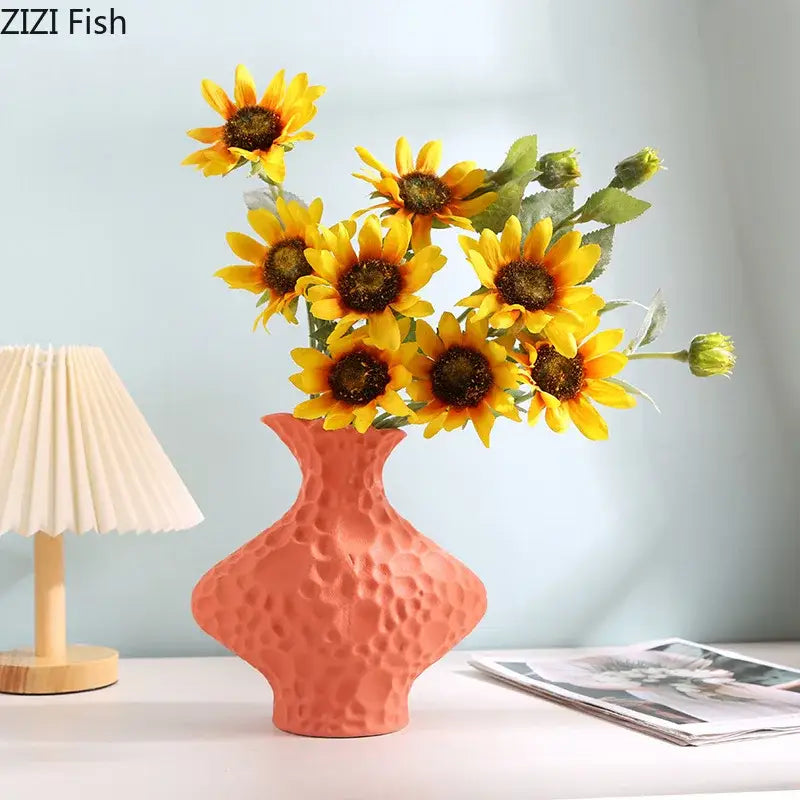 Modern beige frosted ceramic vase with coral textured hammered surface and flared neck decorbites frosted ceramic decor