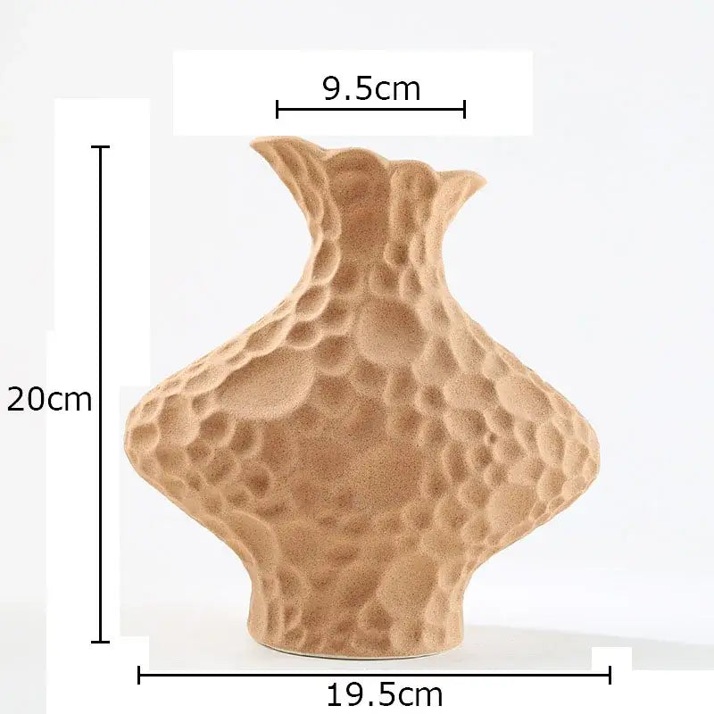 Modern beige frosted ceramic vase by decorbites with textured hammered surface and flared neck for living room decor
