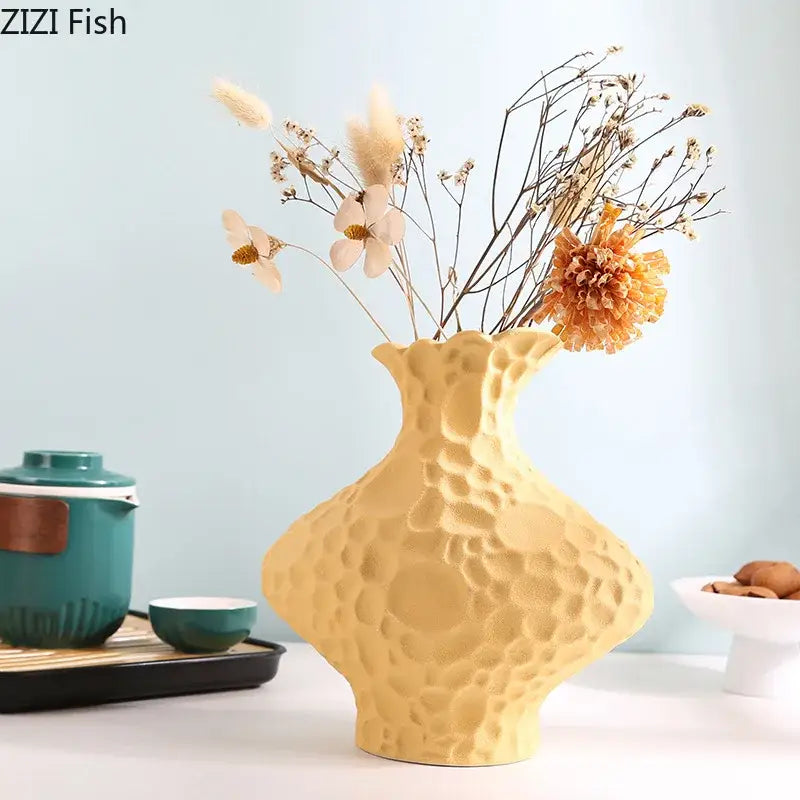 Yellow textured frosted ceramic vase with dried flowers for living room decor by decorbites frosted ceramic collection
