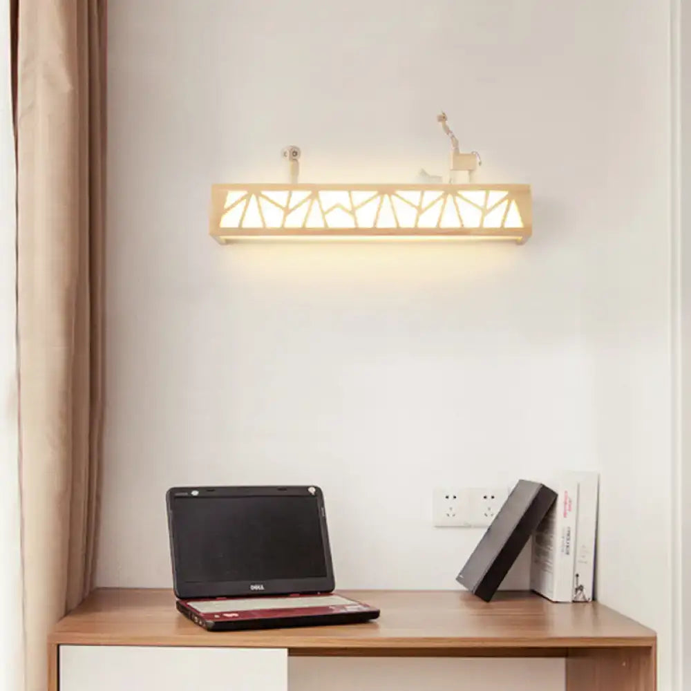Modern beige geometric wooden wall lamp with rectangular lattice design and warm light for bathroom use