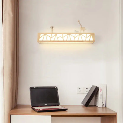 Modern beige geometric wooden wall lamp with rectangular lattice design and warm light for bathroom use