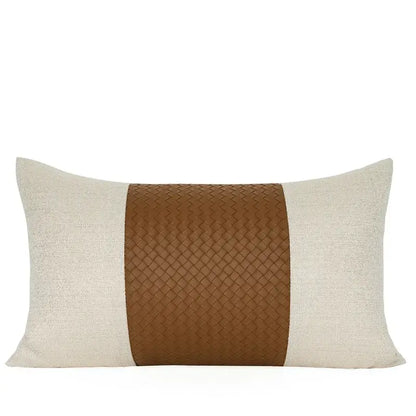 Rectangular lumbar pillow with beige gold houndstooth jacquard and central brown woven leather stripe decorbites beige gold