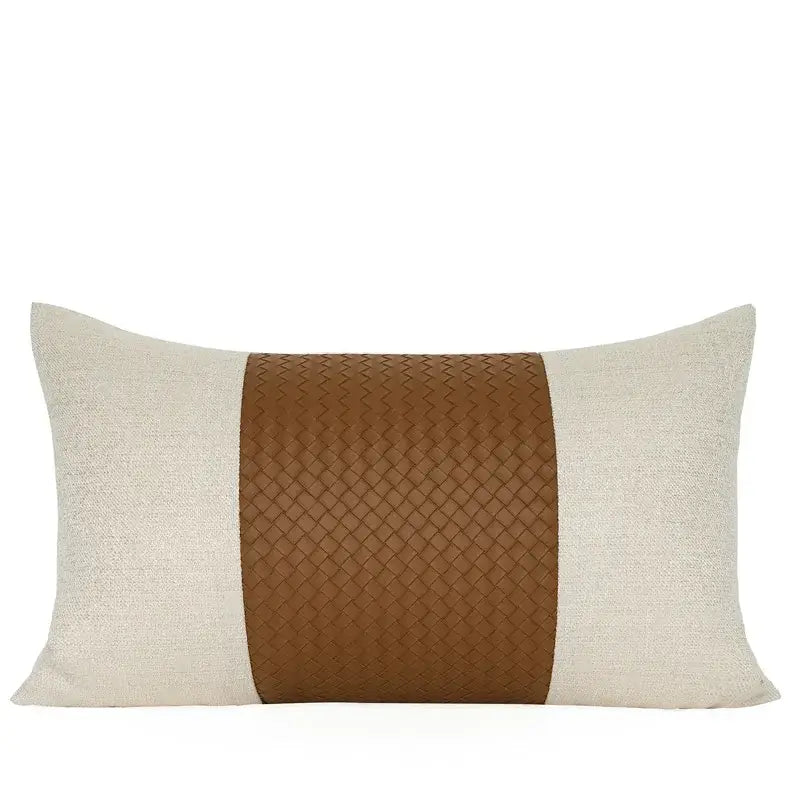 Rectangular lumbar pillow with beige gold houndstooth jacquard and central brown woven leather stripe decorbites beige gold