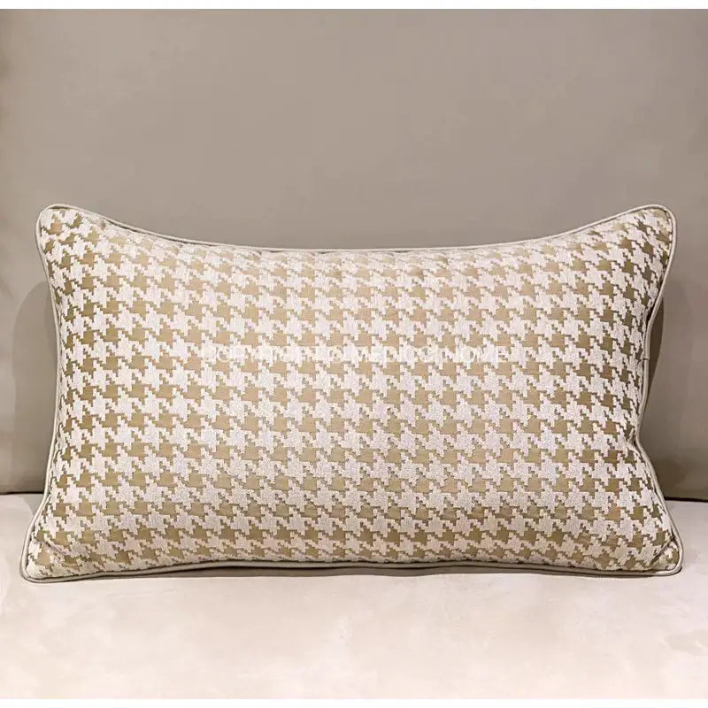 Rectangular modern beige gold houndstooth jacquard lumbar pillow with neatly stitched edges for bedroom decorbites beige gold decor