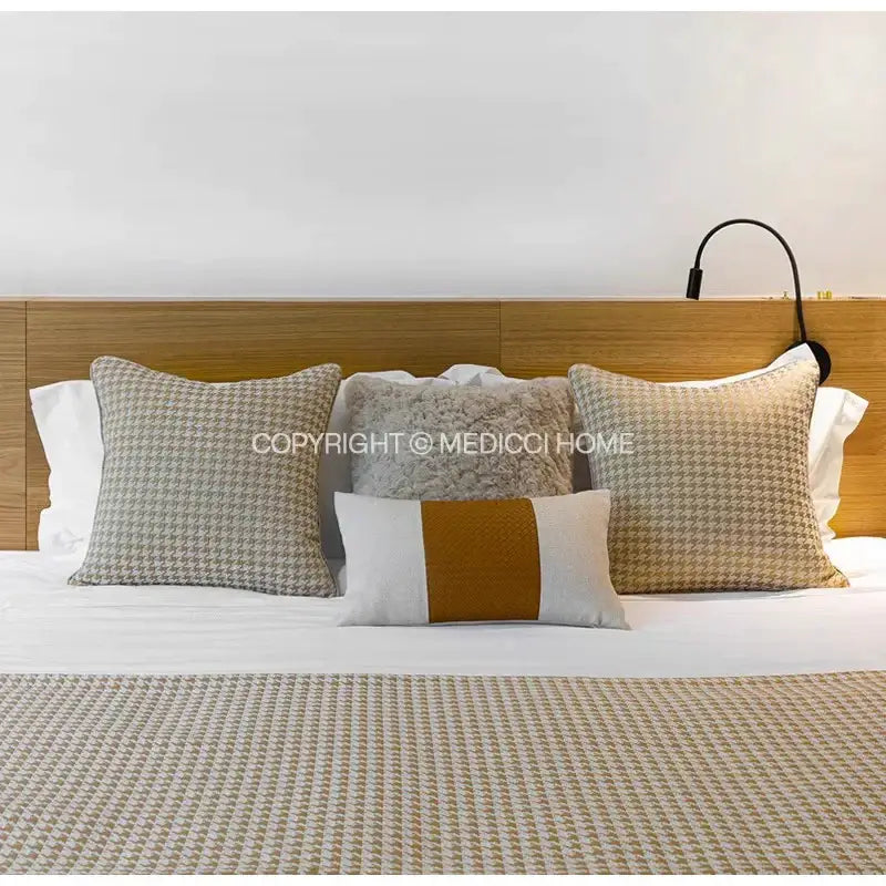 Modern beige gold houndstooth jacquard lumbar pillow with bold mustard stripe for bedroom decorbites beige gold decor