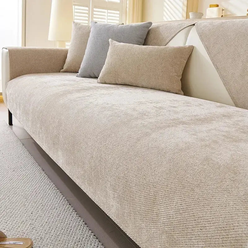 Beige textured chenille sofa cover with subtle ribbed weave for modern living room cushions and sofas