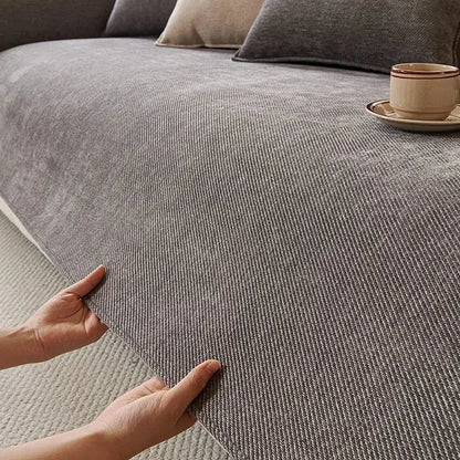 Modern beige and gray chenille sofa cover with gray textured fabric and subtle herringbone weave for living room cushions