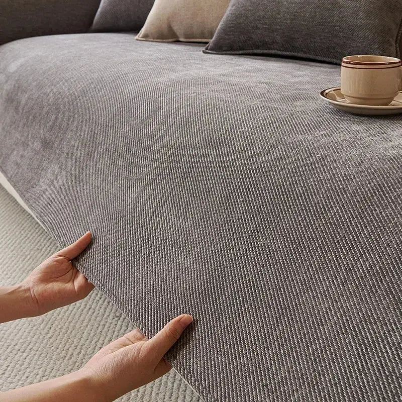 Modern beige and gray chenille sofa cover with gray textured fabric and subtle herringbone weave for living room cushions
