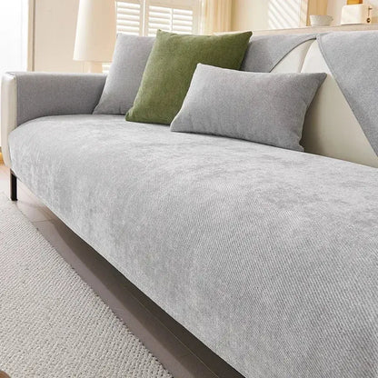 Modern beige and gray chenille sofa cover with gray textured fabric and subtle diagonal weave pattern for living room cushion