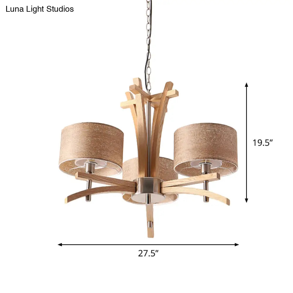 Lámpara de araña radial moderna color beige con pantallas suspendidas de madera - Lámpara colgante de 3/6 luces
