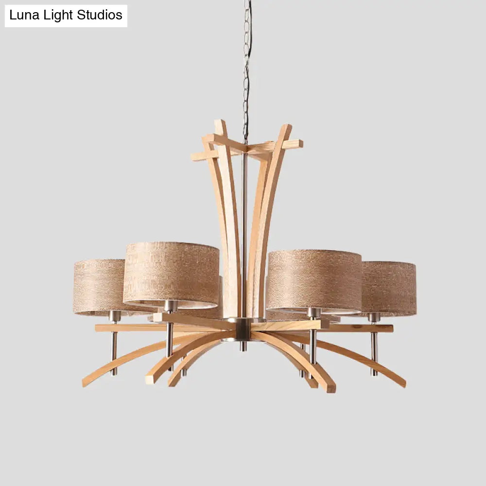 Lámpara de araña radial moderna color beige con pantallas suspendidas de madera - Lámpara colgante de 3/6 luces