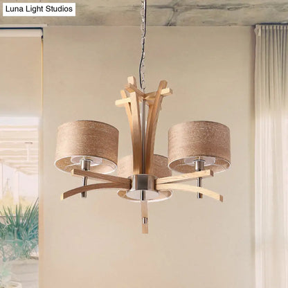 Lámpara de araña radial moderna color beige con pantallas suspendidas de madera - Lámpara colgante de 3/6 luces