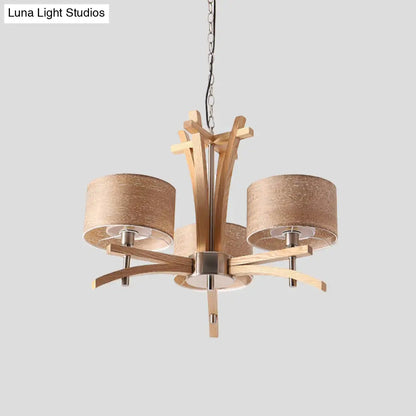 Lámpara de araña radial moderna color beige con pantallas suspendidas de madera - Lámpara colgante de 3/6 luces