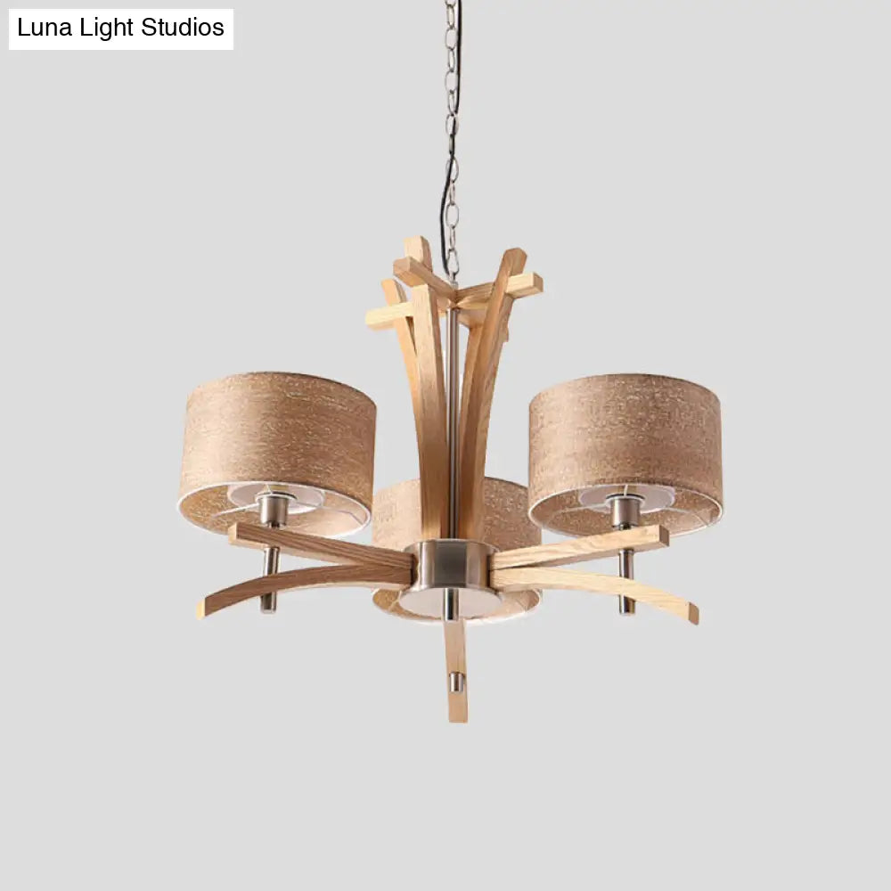 Lámpara de araña radial moderna color beige con pantallas suspendidas de madera - Lámpara colgante de 3/6 luces