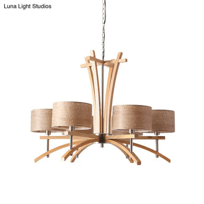 Lámpara de araña radial moderna color beige con pantallas suspendidas de madera - Lámpara colgante de 3/6 luces