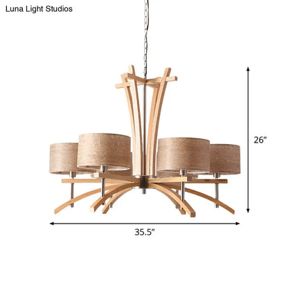 Lámpara de araña radial moderna color beige con pantallas suspendidas de madera - Lámpara colgante de 3/6 luces