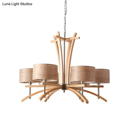 Lámpara de araña radial moderna color beige con pantallas suspendidas de madera - Lámpara colgante de 3/6 luces
