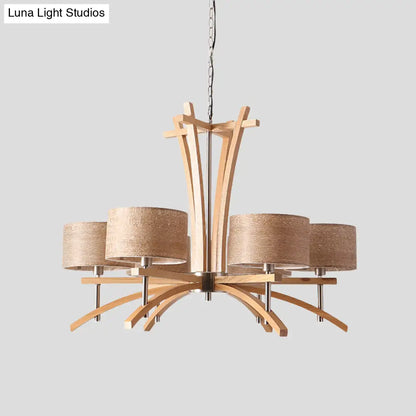 Lámpara de araña radial moderna color beige con pantallas suspendidas de madera - Lámpara colgante de 3/6 luces