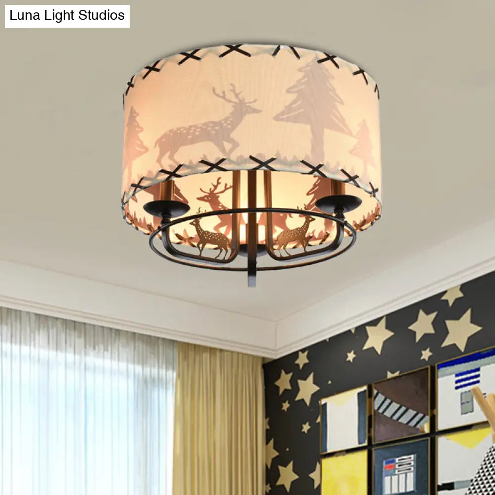 Lámpara de techo semiempotrada DecorBites™ moderna color beige con pantalla cilíndrica de tela - Lámpara infantil de 3 bombillas