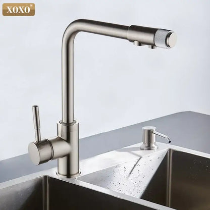 Modern beige speckled decorbites xoxo kitchen faucet with chrome accents and stainless steel pull-down spout for water purification