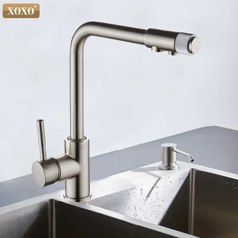 Modern beige speckled decorbites xoxo kitchen faucet with chrome accents and stainless steel pull-down spout for water purification