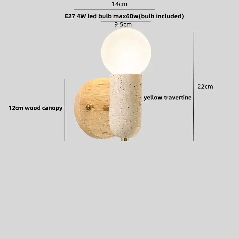 Modern beige stone and bronze wall light fixture featuring a yellow travertine sconce with wooden canopy and e27 led bulb