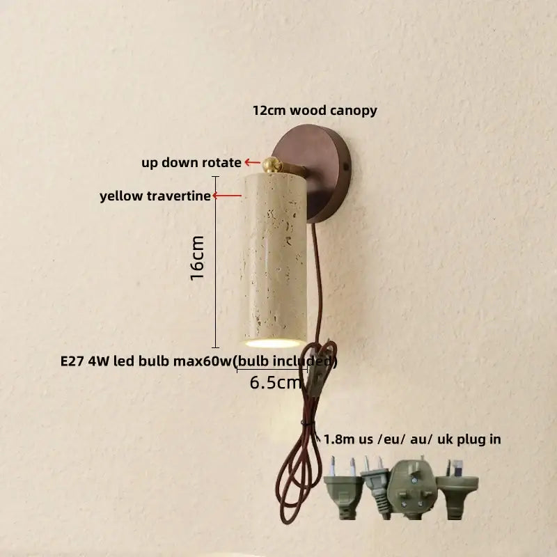 Modern beige stone and bronze wall light fixture with textured yellow travertine body and adjustable rotation mechanism