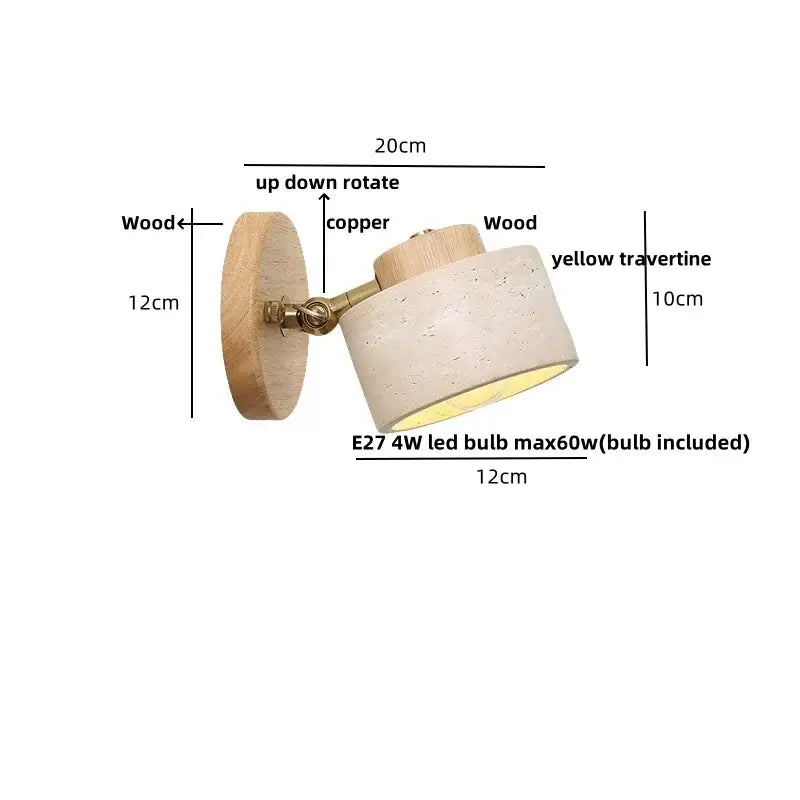Modern beige stone and bronze wall light fixture with a rustic wood backplate copper joint and yellow travertine shade